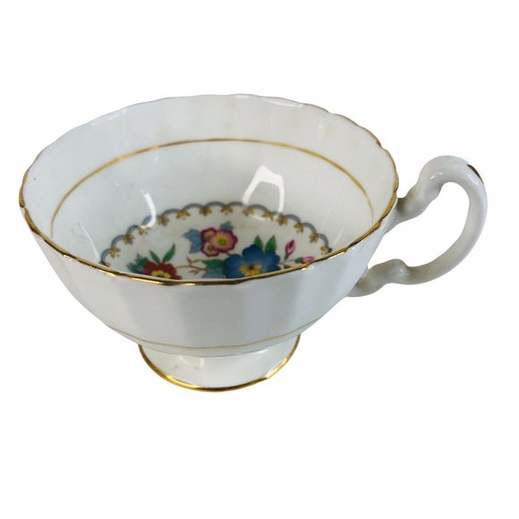Aynsley Tea Cup & Saucer Floral Blue Burgundy Bone China Footed Scallop Gold - Picture 2 of 11